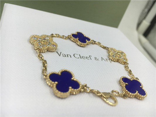 Vintage Alhambra Bracelet Luxury Diamond Jewelry 5 Motifs Yellow Gold Blue Ceramic