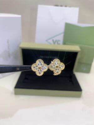 Madrepérola branca do ouro amarelo de Alhambra Medium Clip Earrings 18K do vintage CONTRA o diamante